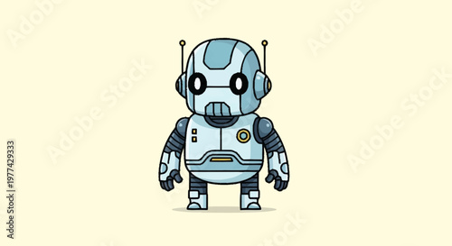 Cute cartoon robot standing and looking forward.