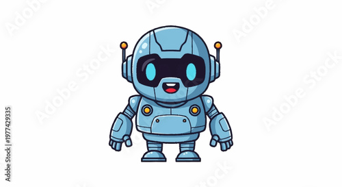 Cute cartoon robot character with blue metallic body and glowing eyes.