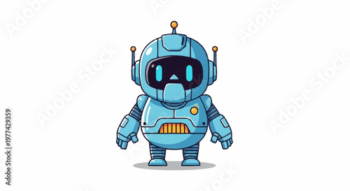 Cute blue robot character standing and looking forward.