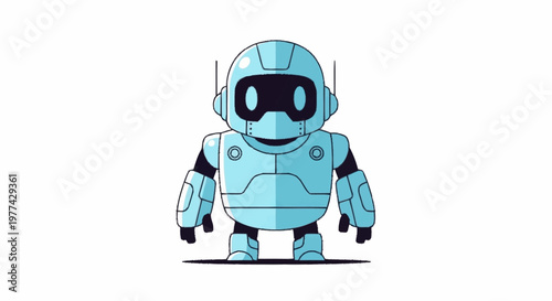 Cute blue robot character standing and smiling.