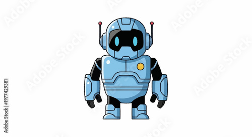 Cute cartoon robot character standing and looking forward.