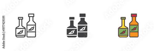 Ketchup bottle icon set showing sauce container in line, filled outline and solid styles. Color vector icon sign symbol for condiment. Ketchup icon for fast food.