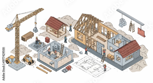 Construction process of a house from foundation to completion.