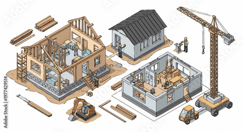 Construction process of a house from foundation to completion isometric view.