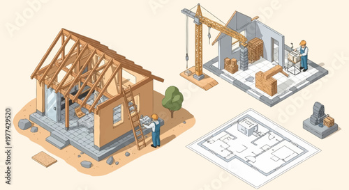 House construction process from blueprint to completion illustration.