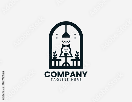 Cute cat sitting with coffee cup inside cozy window frame in clean minimal black vector logo illustration style on a white background