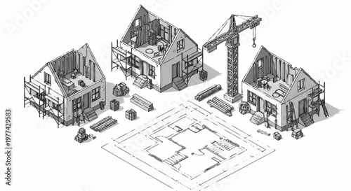 Construction of houses with crane and blueprint illustration.