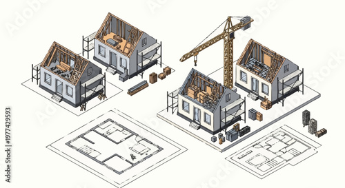Construction of houses with blueprints and crane illustration.