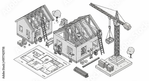 House construction process with blueprint and crane illustration.