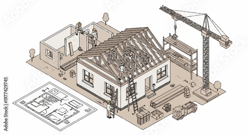 Construction of a new house with crane and blueprints.