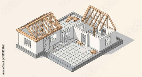 Construction of a house in isometric view showing framing and foundation.