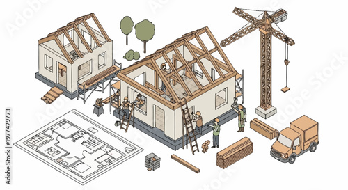 Construction of a new house with a crane and blueprint.