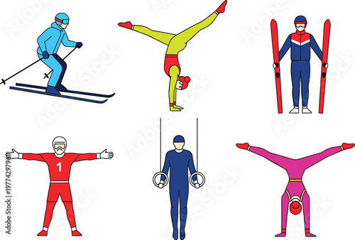 Winter Sports Athletes Vector Set with Skiing, Gymnastics, Rings Exercise and Balance Poses for Fitness, Competition and Active Lifestyle Illustration