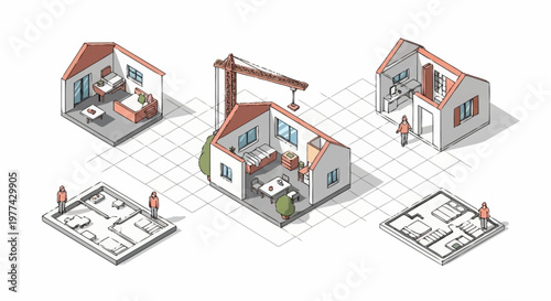 Architectural Design Process Showing House Construction Stages.