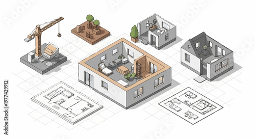 Isometric illustration of house construction stages and blueprints.