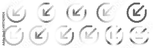 Arrow Circle Broken Down Left Halftone Icon Collection – Arrow Circle Broken Down Left Dotted Circles Halftones Geometric Dots Gradient – Dot Spray Gradient Vector Set