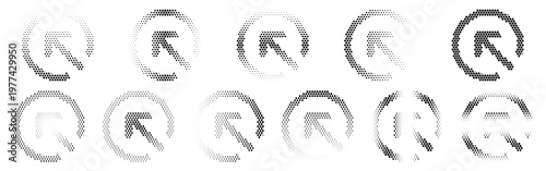 Arrow Circle Broken Up Left Halftone Icon Collection – Arrow Circle Broken Up Left Dotted Circles Halftones Geometric Dots Gradient – Dot Spray Gradient Vector Set