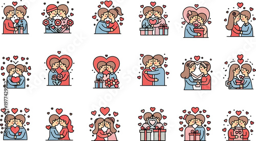 Collection of cartoon couples in various romantic poses and gifts
