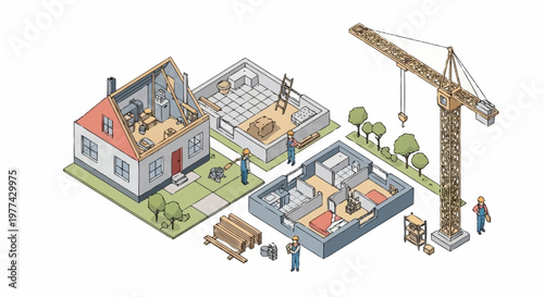 Construction of a house with different stages of development.