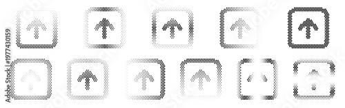 Arrow Square Up Halftone Icon Collection – Arrow Square Up Dotted Circles Halftones Geometric Dots Gradient – Dot Spray Gradient Vector Set for Modern Graphic Design