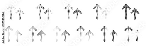 Arrows Up Halftone Icon Collection – Arrows Up Dotted Circles Halftones Geometric Dots Gradient – Dot Spray Gradient Vector Set – Arrows Up Illustration Halftone Gradient