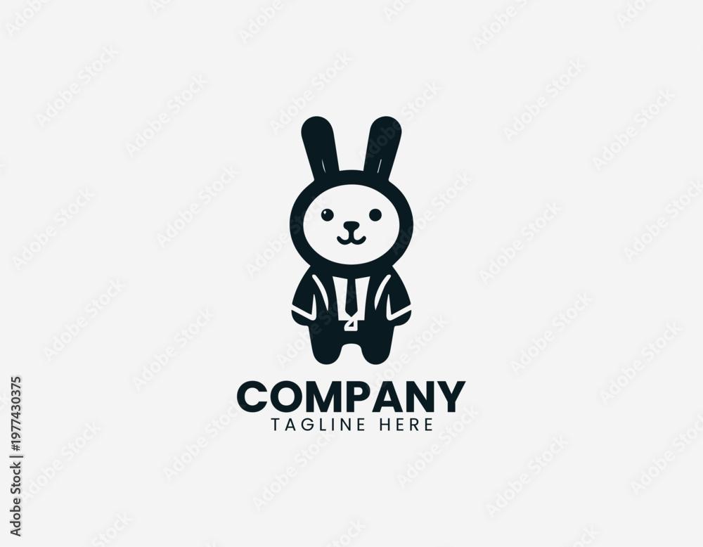 Fototapeta premium Cute rabbit mascot wearing hat in clean minimal black vector logo illustration style on a white background