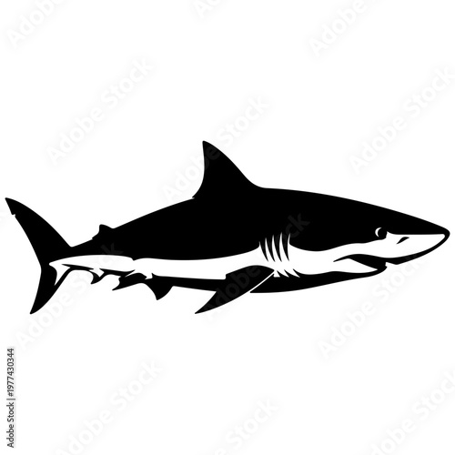 Black shark silhouette with sharp edges, isolated on white background