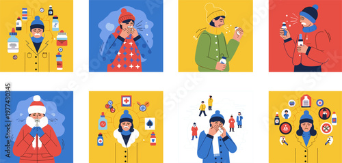 Winter Illness Series Featuring Sick Individuals in Various Clothing Layers, Holding Medicine and Dealing with the Cold Weather
