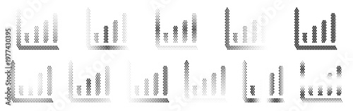 Bar Chart Halftone Icon Collection – Bar Chart Dotted Circles Halftones Geometric Dots Gradient – Dot Spray Gradient Vector Set – Bar Chart Illustration Halftone Gradient