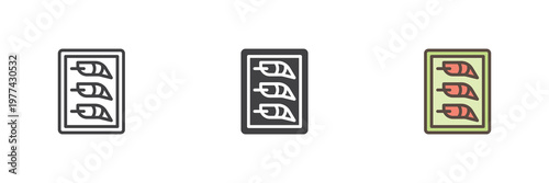 Prawns tray icon set showing seafood pack in line, filled outline and solid styles. Color vector icon sign symbol for fish market. Prawns icon for grocery seafood.