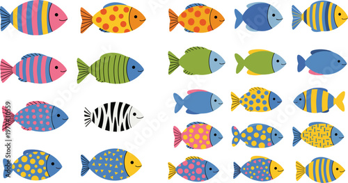 Colorful tropical fish collection vector illustration with playful patterns and vibrant sea animals, cute aquarium marine set for kids design and ocean themes
