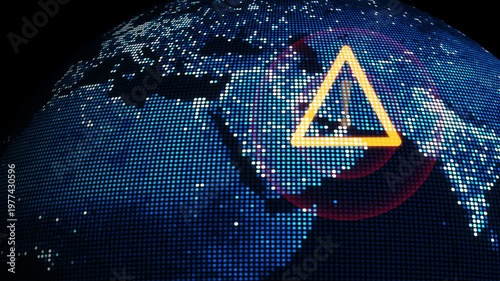 Geopolitical concept showing a global map with warning alert over a key maritime chokepoint, representing Strait of Hormuz closure risk, oil supply disruption, energy security, and global trade impact