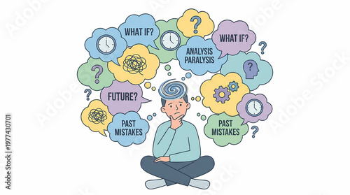 A cartoon man sits cross-legged with thoughts of analysis paralysis