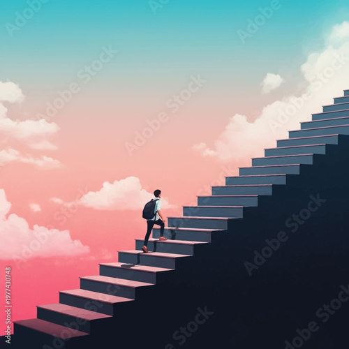 Man climbing up many stairs alone.
