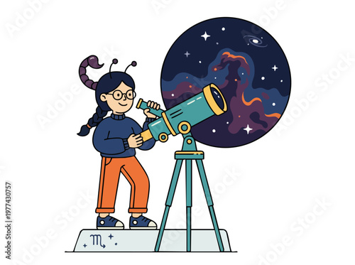 Young girl with scorpion antennae observing stars through telescope.