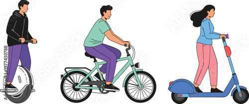 Urban Mobility Vector Set with People Riding Electric Scooter, Bicycle and Self Balancing Unicycle for City Transport, Eco Travel and Modern Lifestyle Illustration