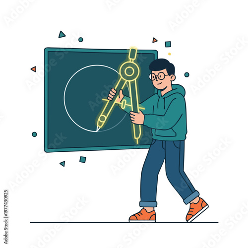 Young man drawing circle with compass on blackboard.
