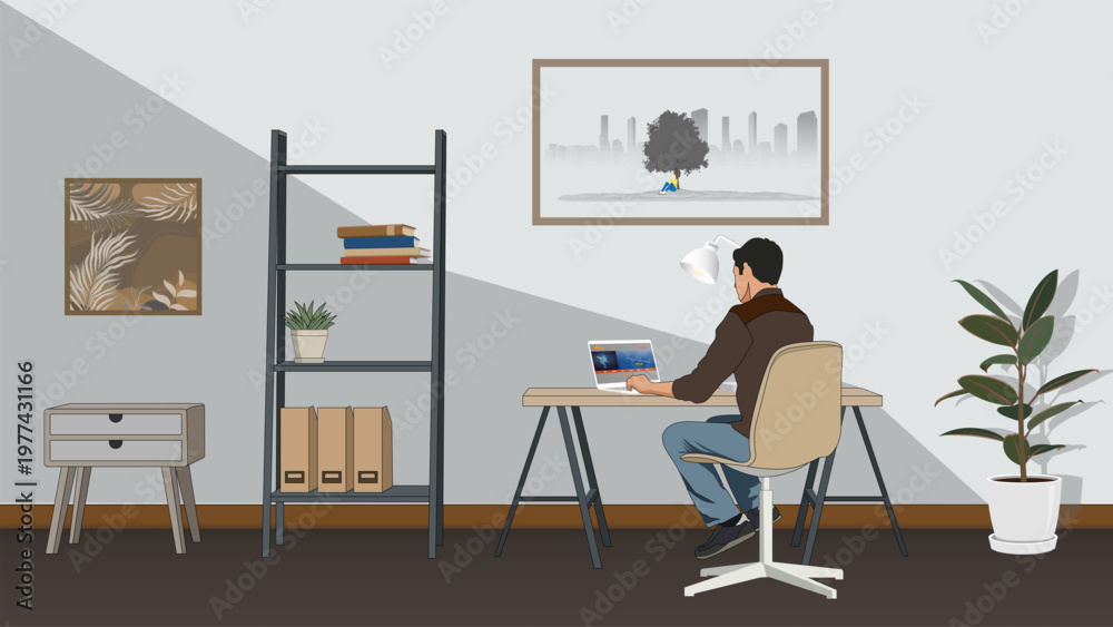 Fototapeta premium Vector illustration of a man sitting at a desk and working on a laptop in a modern home office setting.
