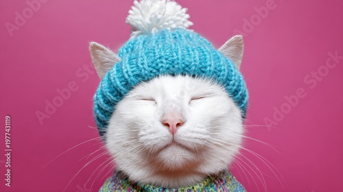 Adorable white cat in blue knitted hat and sweater against pink background