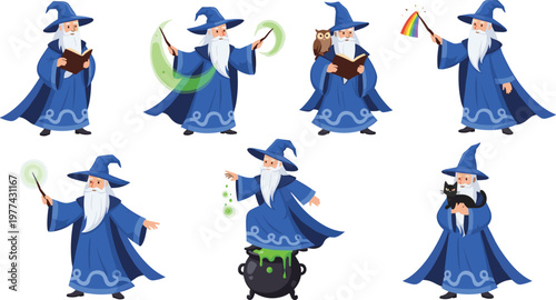 Wizard Character Vector Set with Magic Spells, Staff, Potion Cauldron, Owl and Fantasy Elements for Fairy Tale, Game Design and Cartoon Illustration