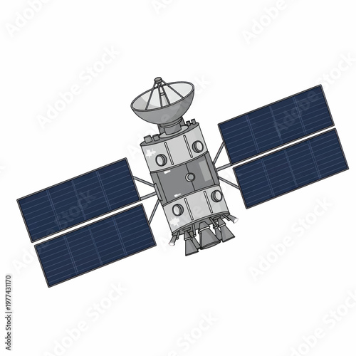 3D illustration of a satellite spacecraft with solar panels in orbit.