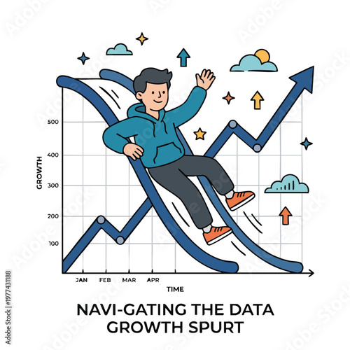 Young man joyfully navigating a fluctuating data growth spurt chart.