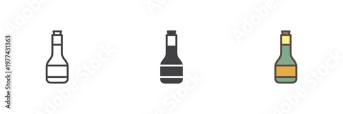 Beer bottle icon set showing alcohol drink in line, filled outline and solid styles. Color vector icon sign symbol for beverage. Beer icon for bar and grocery.