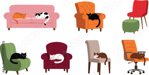 Cute Cats Sleeping on Furniture Vector Set with Sofa, Armchair and Office Chair Scenes for Pet Lifestyle, Home Interior and Animal Illustration Collection