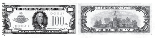 Front and back view of a vintage United States 100 dollar gold certificate illustration