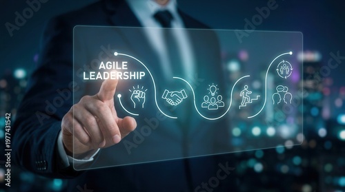 Digital interface showcasing key agile leadership principles like collaboration, empowerment, and adaptability, activated by a business hand.