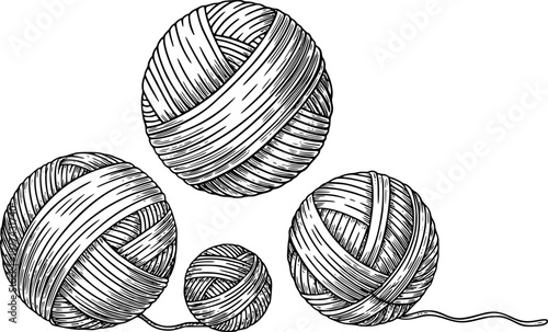 Black and white balls of yarn, unraveling, white background, thread wool knitting