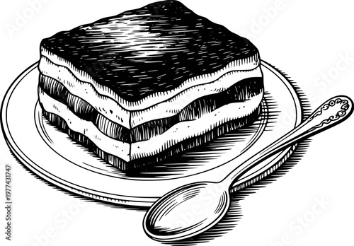 Black and white engraving style tiramisu dessert plate with spoon cake sweet food