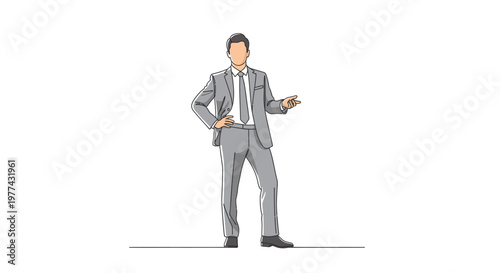 Confident businessman standing with hand on hip and gesturing
