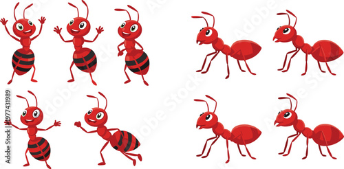 Cute ant cartoon collection vector illustration with different poses and styles, funny insect characters set for kids design, nature themes and educational projects